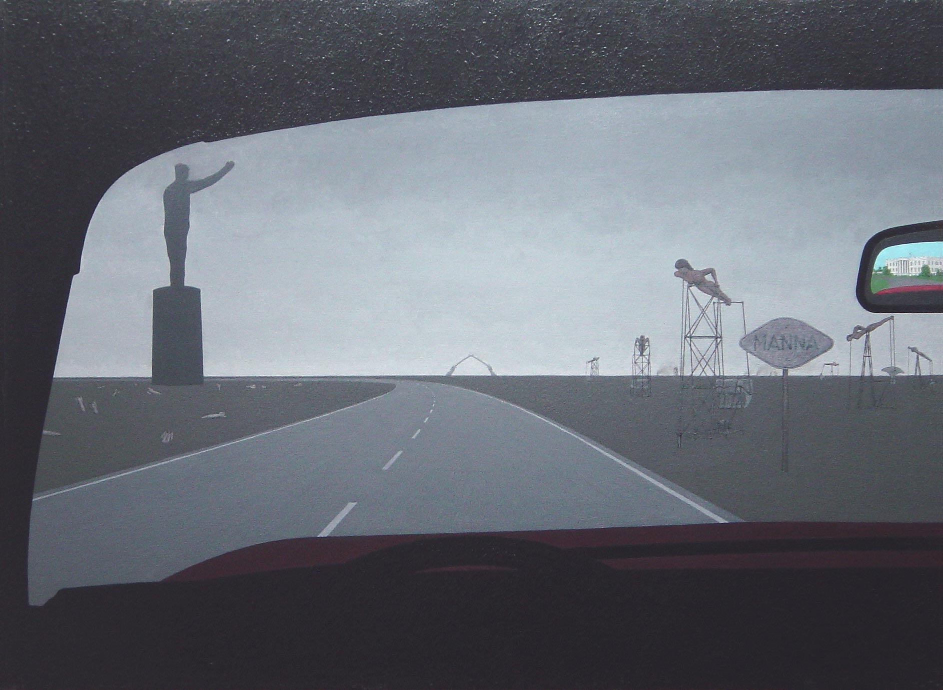 View from the driver's seat of a car, showing highway running through desert with huge statue to the left and naked women on oil wells to the right