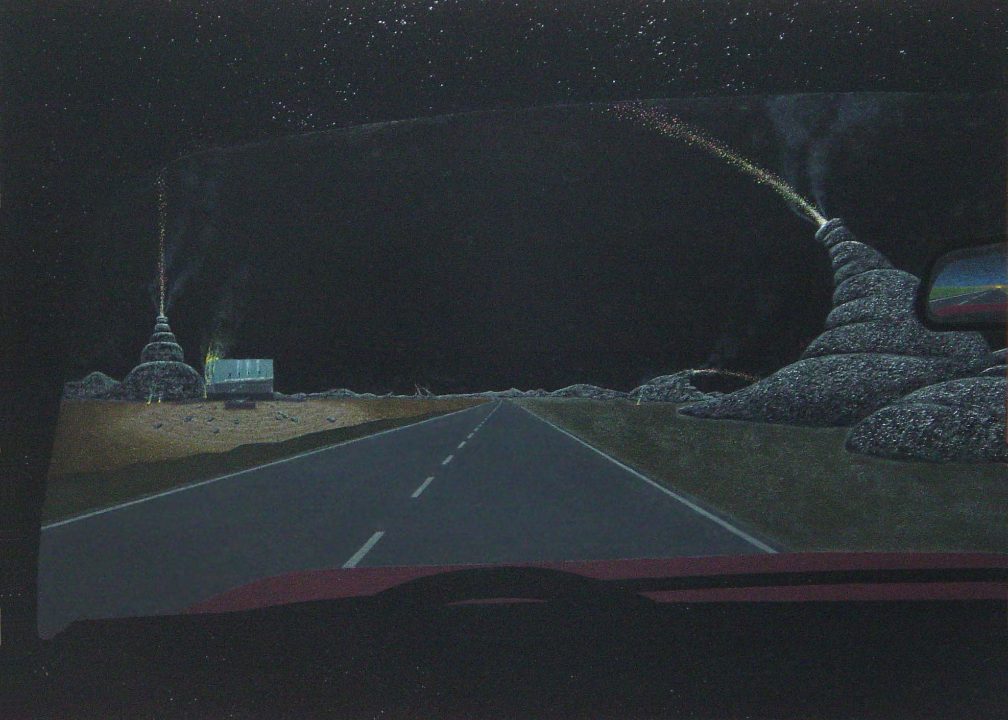 view from the driver's seat of a car, showing a group of playful but troublesome volcanos