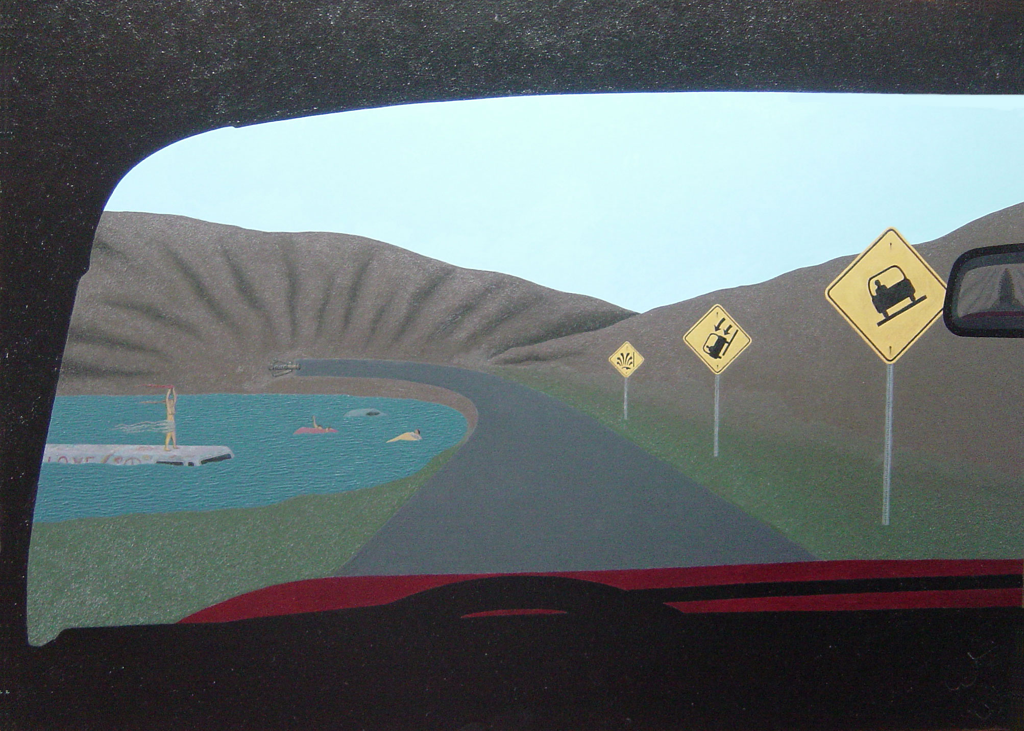 view from the driver's seat of a car, showing a group of playful but troublesome volcanos