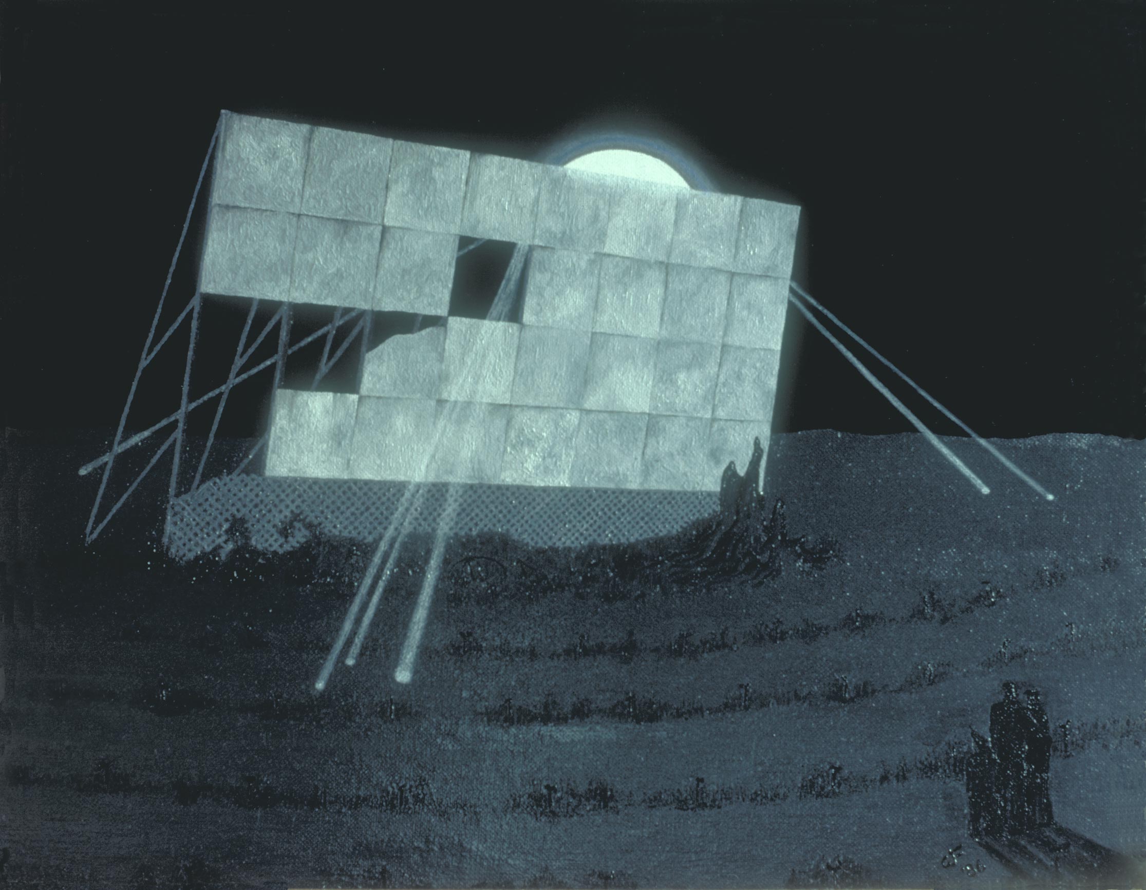 ruined drive-in theater at night-- UFO behind screen shooting pencil-beams of light, man/woman/child lower right