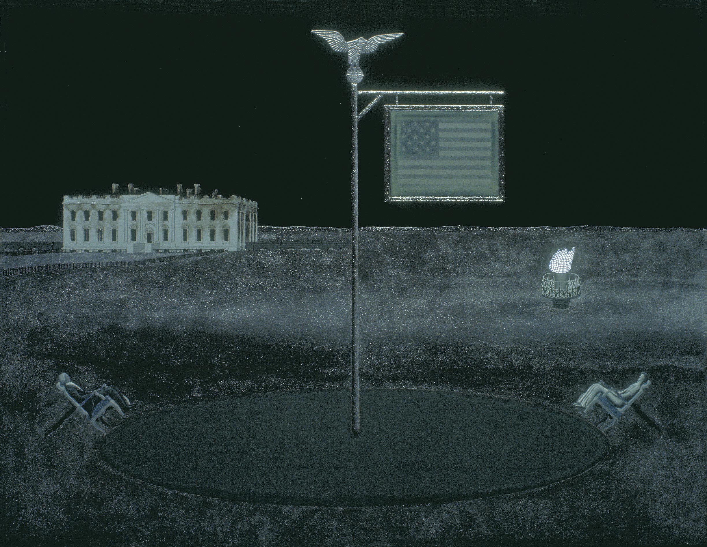 View of a darkened landscape, showing the White House and the torch from the Statue of Liberty behind a flagpole flanked by two seated figures, a man and a woman