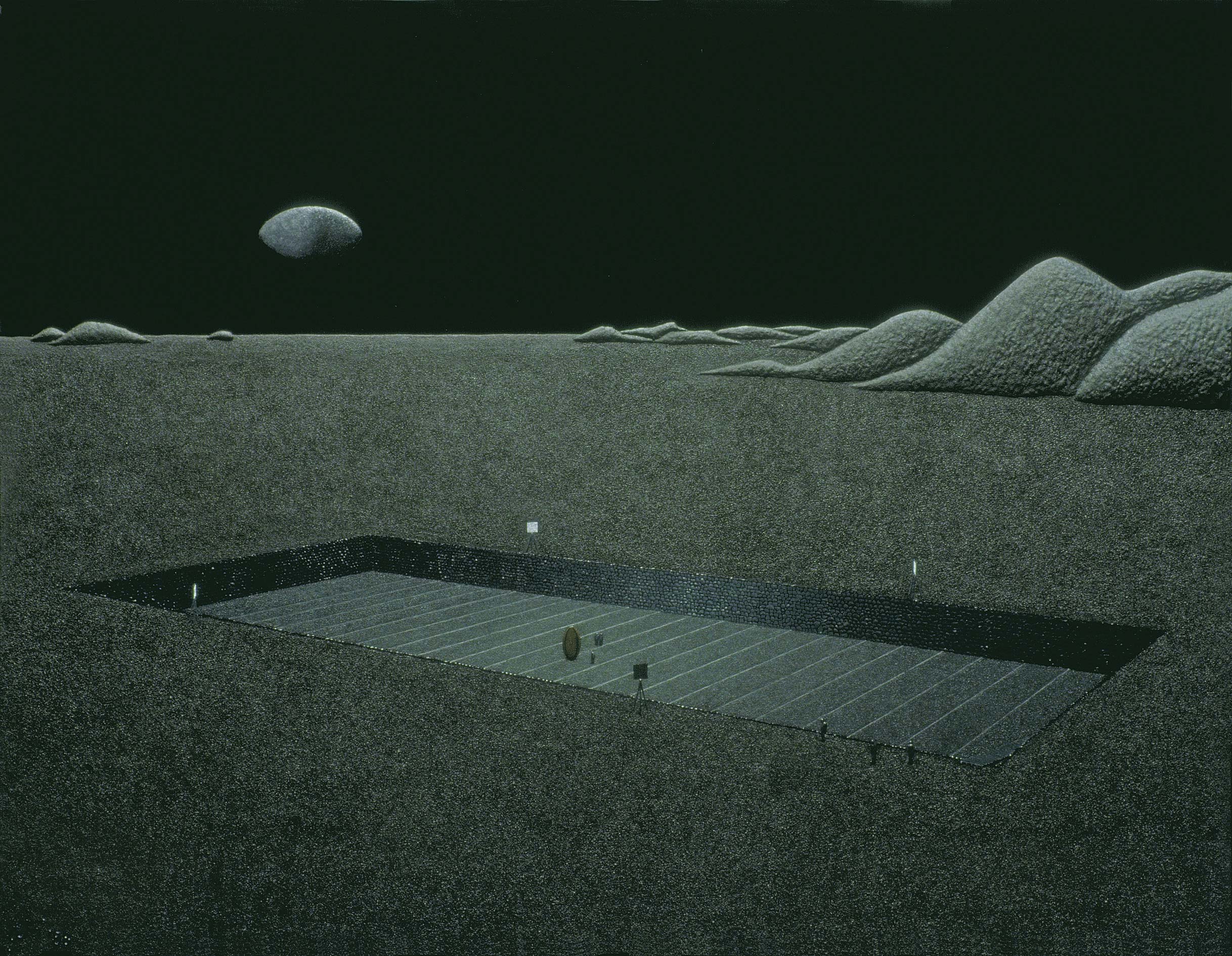 A giant football set in a sunken football field, a moon shaped like a football in the night sky