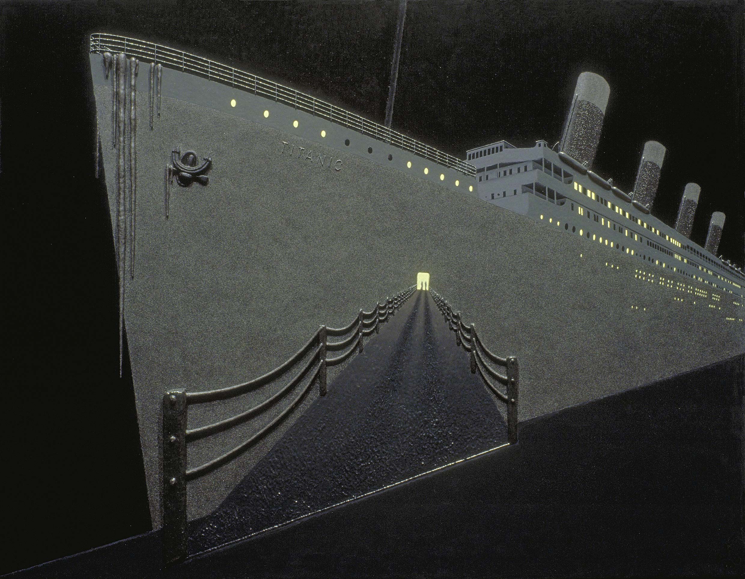 View of the Titanic as viewed from in front of a gangway, a man and woman silhouetted in the lighted entrance and rusticles already suspended from the prow