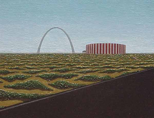 Detail of a painting depicting a view out the windshield of a car, here focusing on the arch and unusual red-and-white-striped structure in the distance.