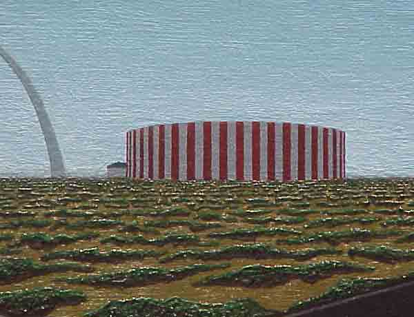 Detail of a painting depicting a view out the windshield of a car, here focusing solely on an unusual red-and-white-striped structure in the distance.