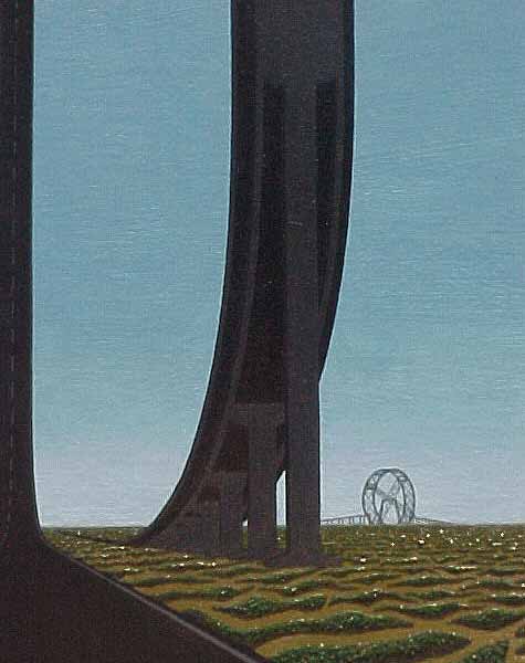 Detail of a painting depicting a view out the windshield of a car, here revealing the underside of one of the huge highway ramps.
