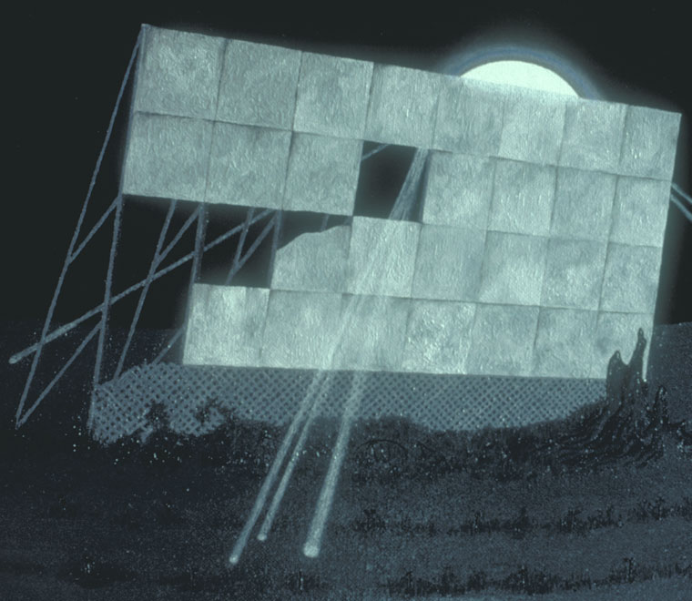 detail of ruined drive-in screen with UFO behind, flashing beams of light through holes in screen