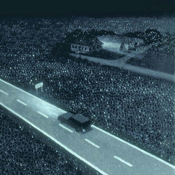 detail of view looking down on lone car on two-lane highway, darkened farm buildings on right