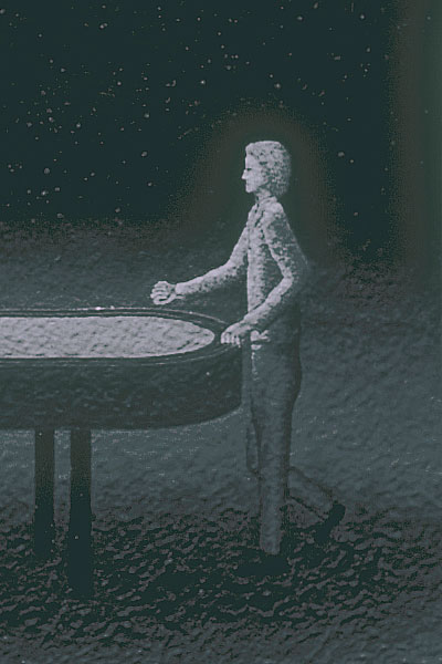 Detail of a game of craps-- for life or for death-- showing the player, or protagonist, and his immediate surroundings, such as the craps table
