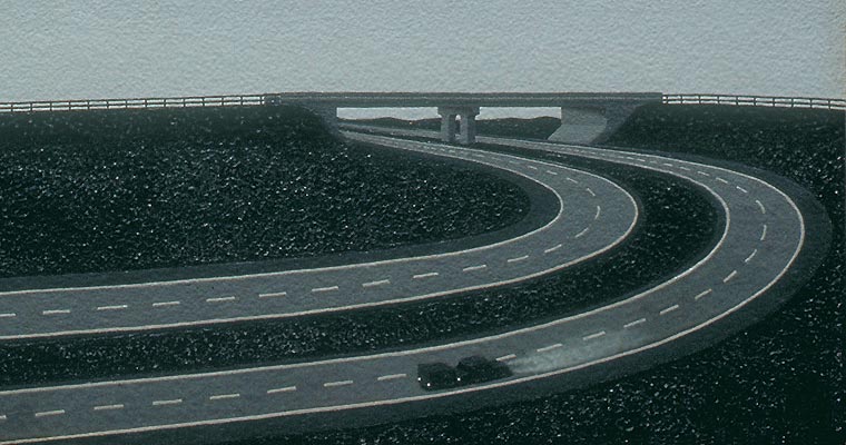 Detail of a lonely highway painting, focusing on the highway and car