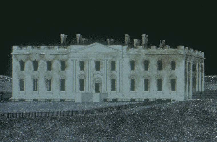 View of a darkened landscape-- detail of the White House after it was burned in 1814