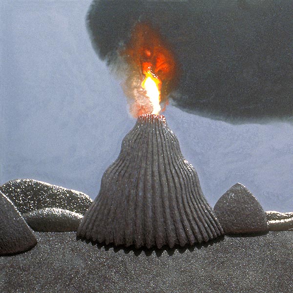 A solitary figure calmly watches as a volcano erupts, detail of the volcano