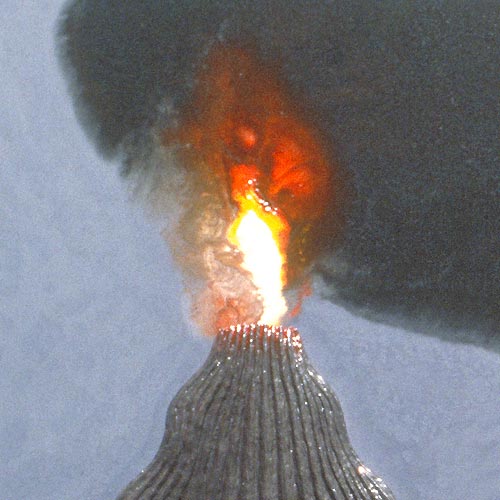 A solitary figure calmly watches as a volcano erupts, detail of the eruption