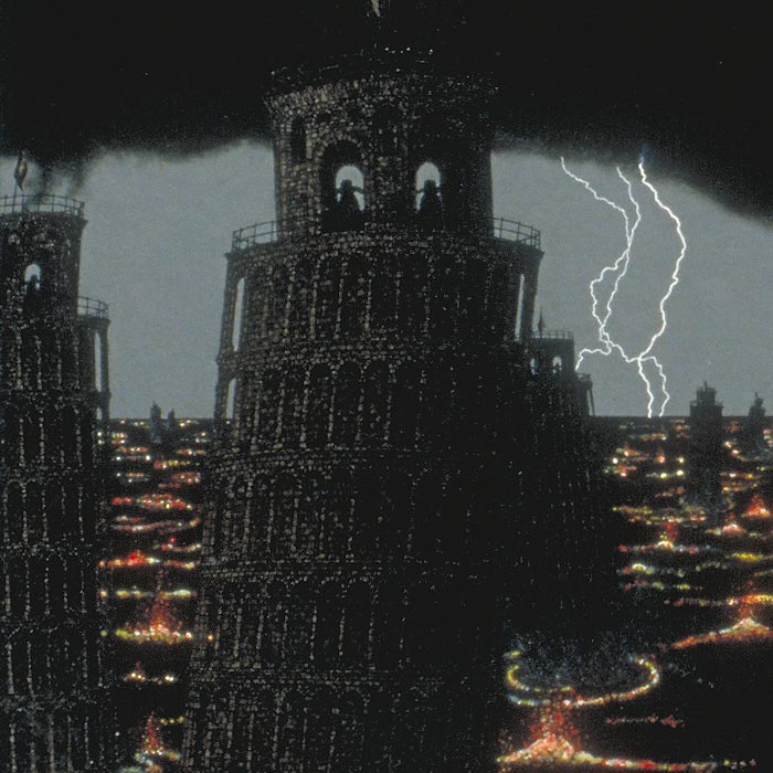 Detail of an apocalyptic vision, here focusing on the tops of a few of the leaning towers.