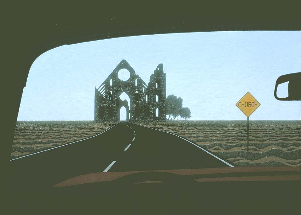 View from the driver's seat of a car, showing the highway going through the ruins of a church, situated on a great plain extending to the horizon