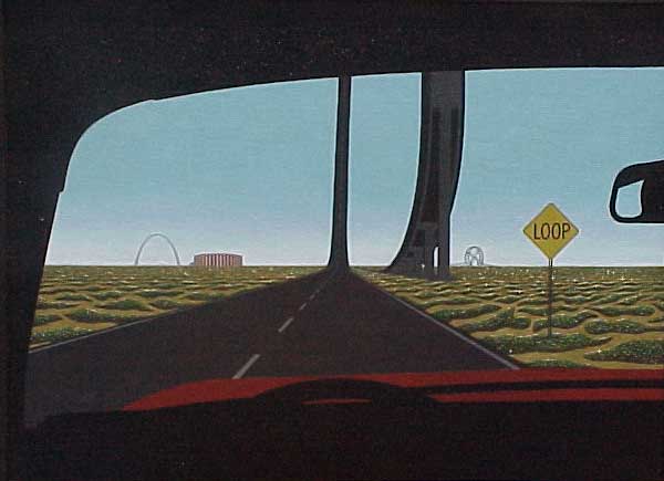 Painting of a view out the windshield of a car depicting a highly unusual stretch of highway straight ahead.