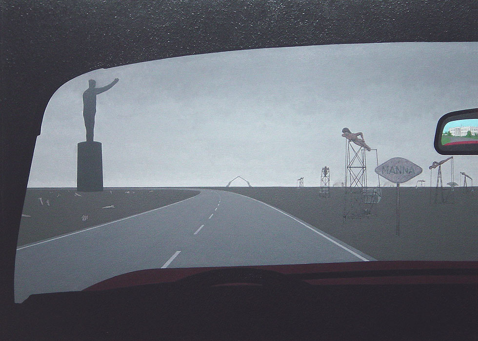 View from the driver's seat of a car, showing highway running through desert with huge statue to the left and naked women on oil wells to the right