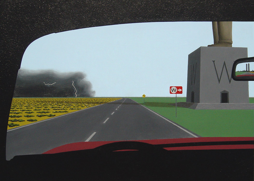 View from the driver's seat of a car, showing a road leading into a group of playful but sinister lava spouts
