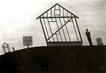 Teetering frame of house, with leaning dog, figure and headstone