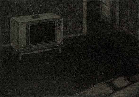 An empty recliner facing an old-fashioned console television set in a dark and lonely room, with an open door leading uninvitingly into an even darker room.