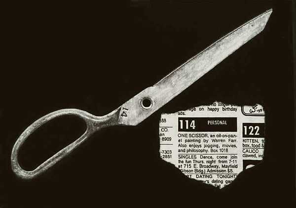 One-half of a pair of scissors and an ad written by one-half of a couple, meticulously rendered in flat-object-still-life style
