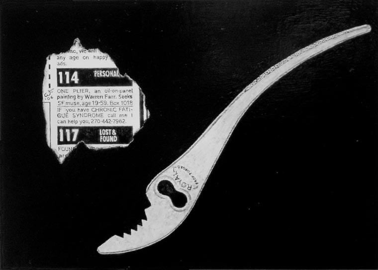 One-half of a pair of pliers and an ad written by one-half of a couple, meticulously rendered in flat-object-still-life style.