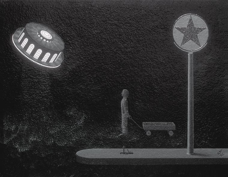 Painting of a boy entranced by a UFO at an abandoned gas station
