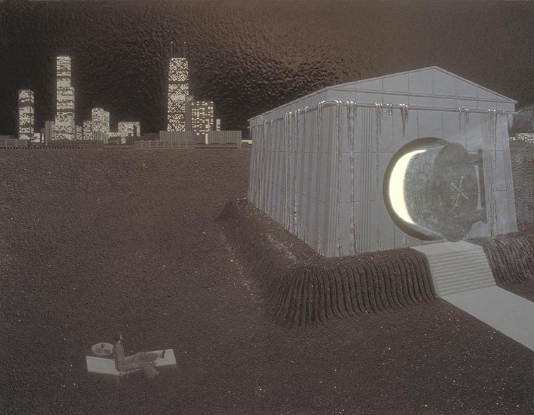 Painting of a massive door opening and revealing a vault filled with light