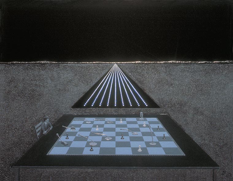 Nightscape with figure seated next to a table on which is a chessboard containing a mixture of microphones and pawns