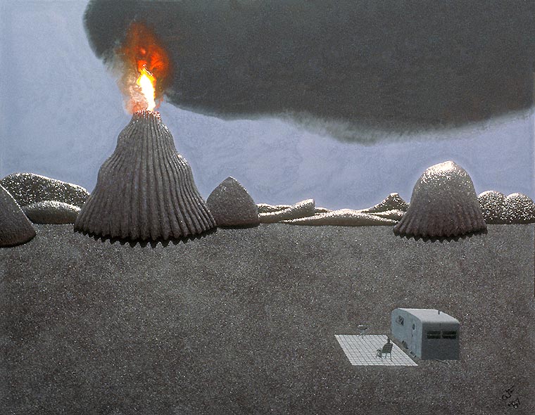 A solitary figure calmly watches as a nearby volcano erupts