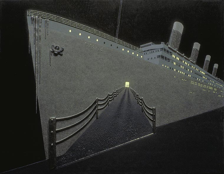 View of the Titanic as viewed from in front of a gangway, a man and woman silhouetted in the lighted entrance and rusticles already suspended from the prow