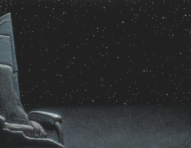 Portion of a famous photograph of Stephen Hawking, against a starry black sky