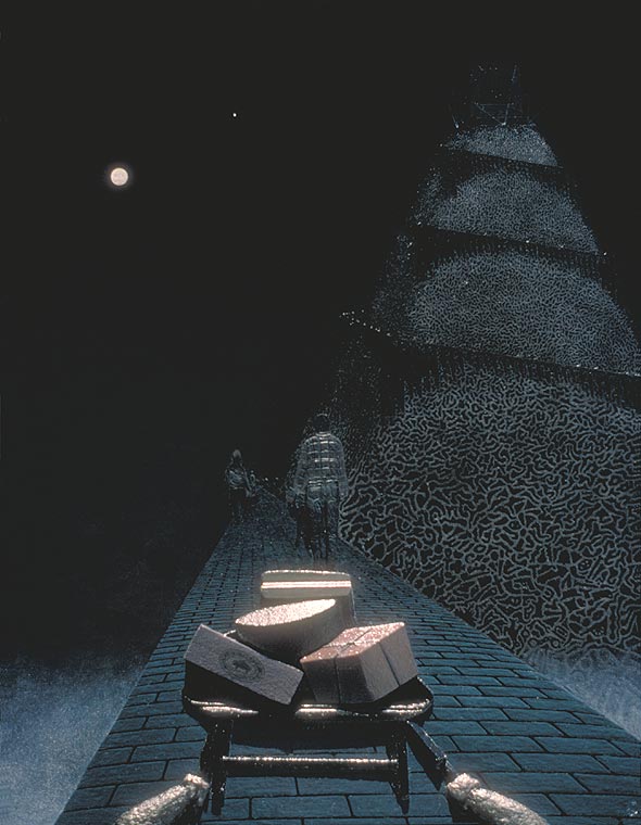 The viewer, in company with others, is pushing a wheelbarrow along a moonlit causeway