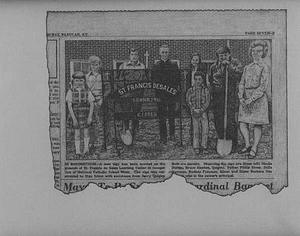 drawing of a newspaper clipping with a dedication photo