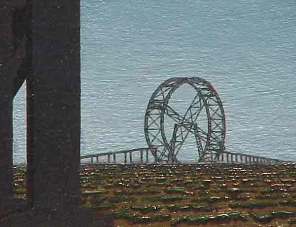 Detail of a painting depicting a view out the windshield of a car, here focusing on an unusual ferris-wheel type structure off in the distance.