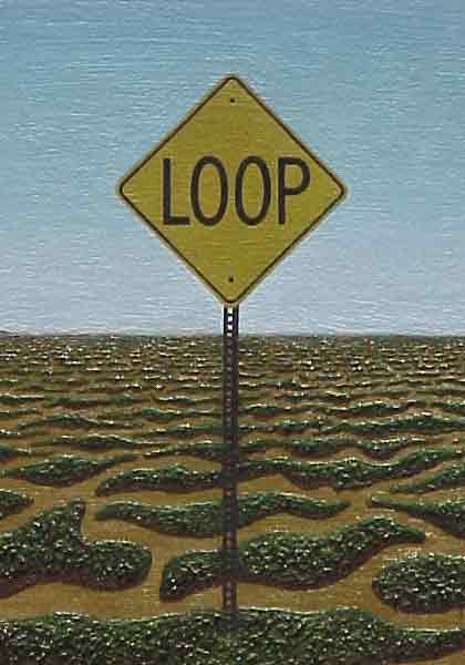 Detail of a painting depicting a view out the windshield of a car, here focusing on the yellow diamond-shaped warning sign that reads simply 'LOOP.'