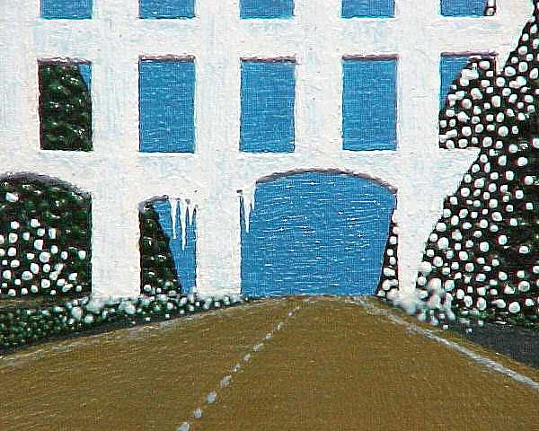 View from the driver's seat of a car, showing an unusual ice structure over the highway-- detail of gateway in structure through which the viewer's lanes of the highway pass