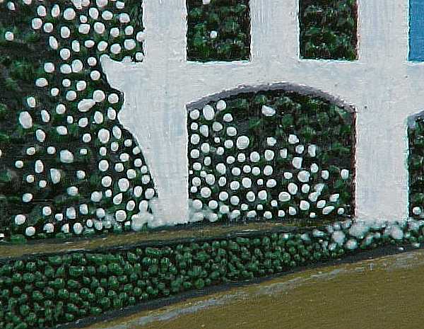 View from the driver's seat of a car, showing an unusual ice structure over the highway-- detail of gateway in structure through which traffic going in the opposite direction must pass