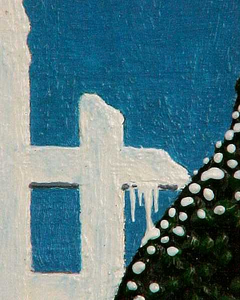 View from the driver's seat of a car, showing an unusual ice structure over the highway-- detail of cluster of icicles in structure