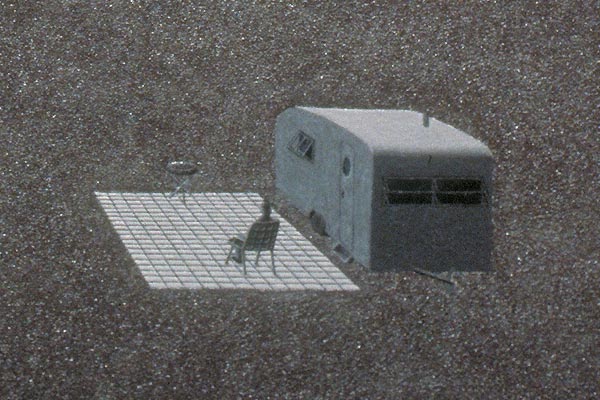 A solitary figure calmly watches as a volcano erupts, detail of patio, figure, and trailer